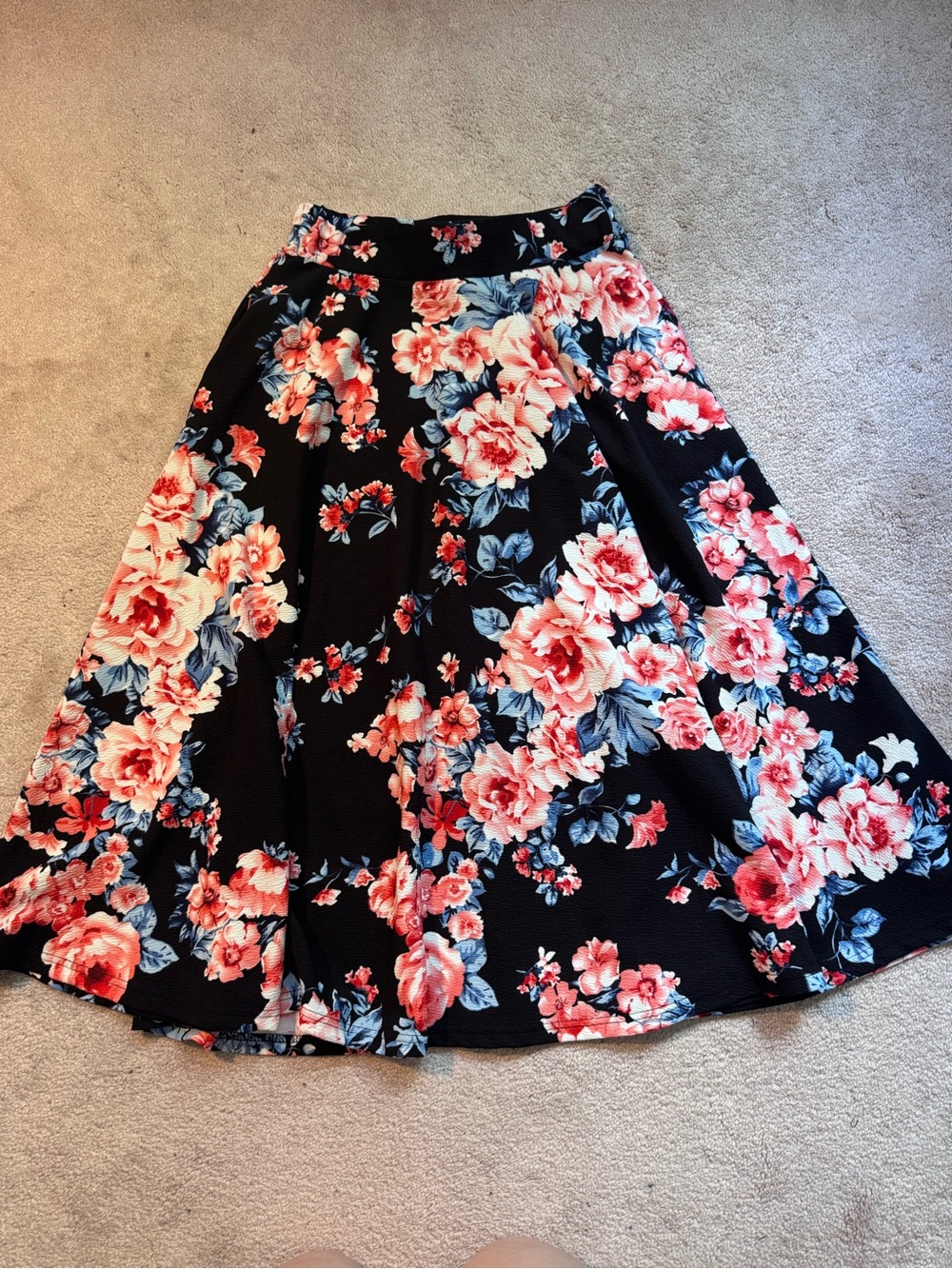 White Mark Black Midi Skirt with Coral & Blue Floral Print